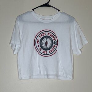 White Graphic Crop Top with Compass Design